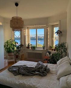 an unmade bed in a bedroom with plants on the windowsill and a view of water