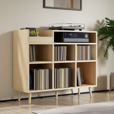 an entertainment center with various records on it and a plant in the corner next to it