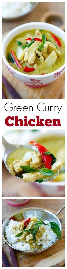 green curry chicken in a bowl with rice and vegetables