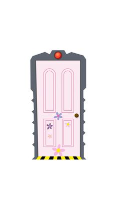 a pink door with two flowers on the front and one flower on the side, in black and yellow stripes