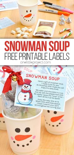 snowman soup printable labels are on cups with candy and other items around them