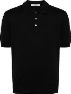 Classic Short Sleeve Polo Sweater With Striped Collar, Black Polo Shirt With Ribbed Collar, Casual Black Polo Sweater With Striped Collar, Classic Black Polo Sweater For Work, Black Collared Polo Sweater With Ribbed Cuffs, Black Polo Sweater With Ribbed Cuffs, Black Collared Top With Ribbed Cuffs, Black Short Sleeve Polo Sweater For Work, Classic Black Polo Shirt With Striped Collar