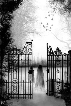 a black and white photo of a woman standing in front of an iron gate with birds flying over her head