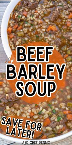 beef barley soup in a white bowl with an orange sticker over the top that says beef barley soup save for later