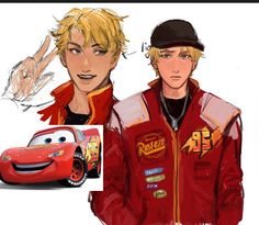 an image of two people with cars in front of them and the character from disney pixa