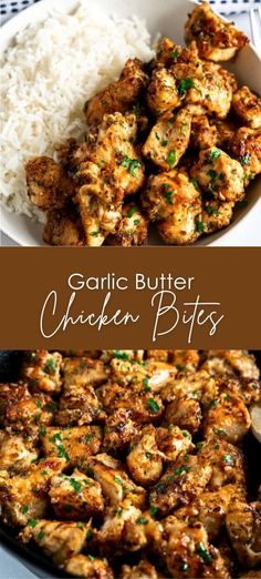 garlic butter chicken bites in a skillet with white rice