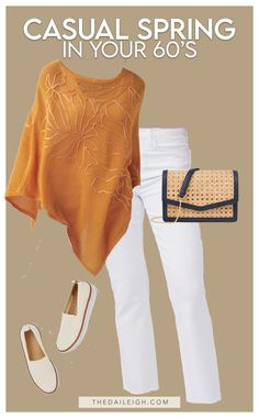 Casual spring outfits for women in their 60's White Jeans Outfits For Women, Styles For Women Over 60, Mustard Top, White Jeans Outfit