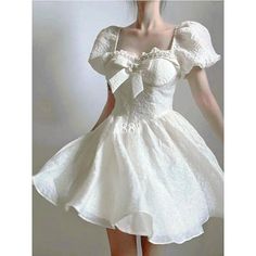 Women's Bow Knot Party Dresses High Waist Slim Puff Sleeves Square Neck Dress Beige Short Sleeve Party Dress, Beige Square Neck Mini Dress For Party, Cream Square Neck Mini Dress For Party, Cream Square Neck Party Mini Dress, Beige Square Neck Party Dress, Cream Short Sleeve Party Dress, Fitted Beige Dress For Banquet, Cream Short Sleeve Mini Dress For Party, Cream Mini Dress With Sweetheart Neckline For Parties