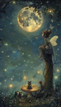 a fairy sitting on top of a tree next to a cat under a full moon