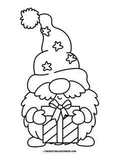 santa claus holding a gift box with stars on it, coloring pages for kids and adults