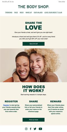 the body shop website homepage with two people smiling and one woman holding her head