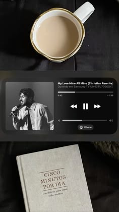 an audio player with a book and cup of coffee