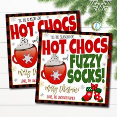 two christmas cards with hot chocolate and fuzzy socks on them, one is for the season