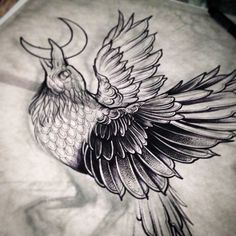 a drawing of a bird with horns and wings on it's back side, in black and white