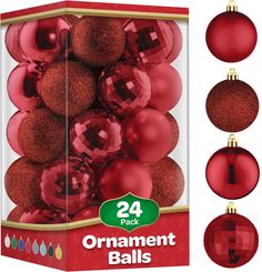 red christmas ornaments in a box with 24 ornament balls on the front and back