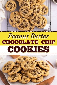 peanut butter chocolate chip cookies stacked on top of each other with the title above it