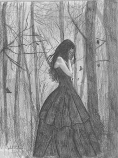 a drawing of a woman in a dress walking through the woods with trees behind her