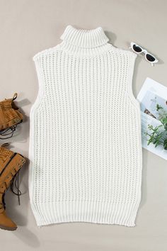 Sleevless Sweater, Turtleneck Sleeveless, Sleeveless Sweater Vest, High Neck Designs, Clean Aesthetic, Romper And Jacket, White Turtleneck, Hem Sweater, Spring Outfits Women