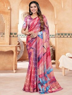 Maahi Saree - Roop Darshan Half Sleeve Blouse, Printed Saree, Wear Saree, Chiffon Saree, Printed Sarees, Blouse Fabric, Chiffon Fabric, Half Sleeve, Fabric Crafts