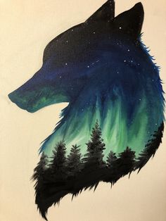 a painting of a wolf's head with green and blue aurora bores in the background