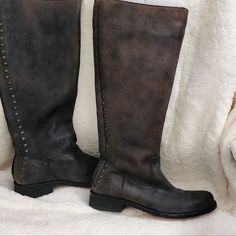 Never Worn / Wide Calf / No Box Any Questions, Just Ask.. Rugged Boots With Rivets And Round Toe, Leather Knee-high Moto Boots With Rivets, Leather Boots With Rivets, Closed Toe, Leather Boots With Rivets, Studded Leather Knee-high Boots, Gray Boots With Leather Sole And Round Toe, Western Gray Leather Boots, Gray Leather Boots For Fall, Gray Western Boots For Fall