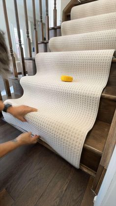 How to install a stair runner Stair Runner How To Install, How To Stair Runner, Adding Runner To Stairs, Modern Vintage Staircase, Installing A Stair Runner, How To Install Carpet Runner On Stairs, Partial Carpet Stairs, Runner Down Stairs, Carpet On Steps With Wood Floors