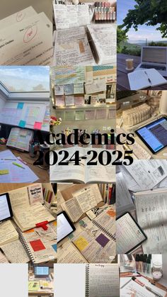 the collage shows many different papers and books