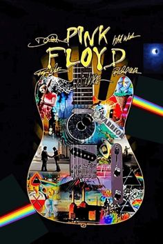 pink floyd guitar collaged with photos and text