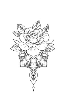 a black and white drawing of a flower with leaves on the petals, in an ornate style