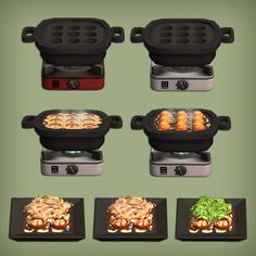 four different types of grills and trays with food in them on green background