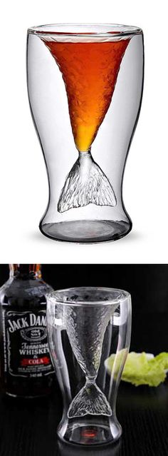 an image of a glass cup with liquid in it and another photo of a bottle next to it