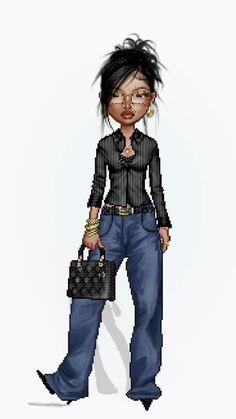 an animated woman holding a handbag and purse