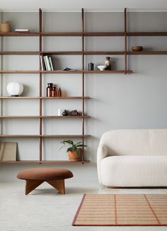 a living room filled with furniture next to a wall mounted book shelf and a rug