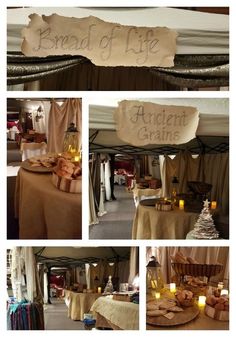 a collage of photos showing the inside of a tent with food and candles on it