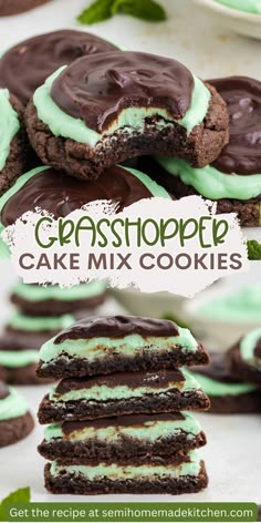 chocolate mint cake mix cookies stacked on top of each other with the words, grasshopper cake mix cookies