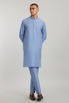 Blue straight kurta with printed placket and collar. Paired with a pant. - Aza Fashions Traditional Long Sleeve Sets For Workwear, Formal Cotton Lawn Suit For Spring, Spring Formal Cotton Kurta, Spring Formal Cotton Lawn Suit, Fitted Cotton Lawn Suit Casual Style, Fitted Cotton Lawn Suit, Casual Style, Fitted Cotton Lawn Suit For Work, Traditional Dabka Kurta For Work, Traditional Long Sleeve Lawn Suit For Work