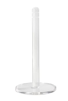 a clear plastic object with a round base on a white background for use as a stand