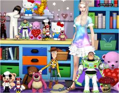 a woman standing in front of a bunch of stuffed animals and teddy bears on a shelf