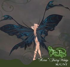 a fairy with blue wings standing in front of a dark sky