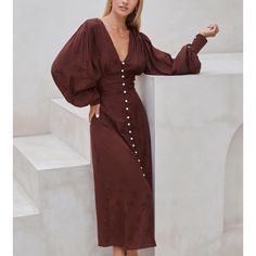 Elegant Brown Puff Sleeve Dress, Brown V-neck Midi Dress For Cocktail, Brown Midi Dress For Fall Cocktail, Elf Dress, Dress Looks, Long Midi Dress, Romantic Evening, Feminine Silhouette, Pearl Buttons