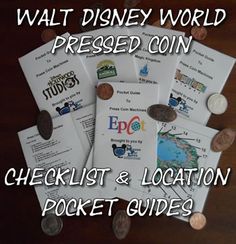 the walt world pressed coin checklist and location pocket guides are on display with coins