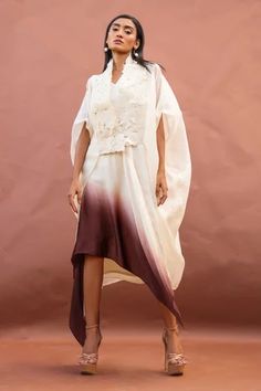 Shop for Richa Khemka Beige Organza Forsea Kaftan And Ombre Dress Set for Women Online at Aza Fashions White Traditional Dress With Cape Sleeves, Traditional Dresses With Cape Sleeves For Summer, Traditional Summer Dresses With Cape Sleeves, Traditional Spring Dresses With Cape Sleeves, Embroidered Summer Dresses With Cape Sleeves, Embroidered Summer Dress With Cape Sleeves, Summer Embroidered Dress With Cape Sleeves, Summer Dresses With Embroidered Cape Sleeves, Organza Kaftan