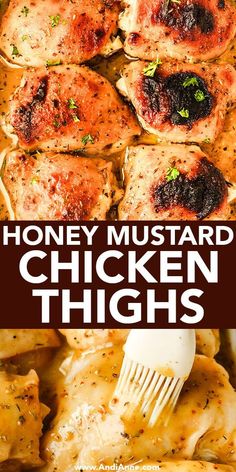 honey mustard chicken thighs in a skillet with a spatula on top and the title overlay reads honey mustard chicken thighs