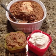 three different desserts in plastic containers on a granite counter top with spoons and forks