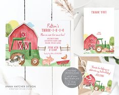 the farm animals are on the farm themed birthday party card and thank you note set