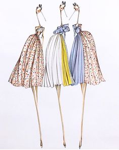 three dresses are shown in different colors and patterns, one is yellow, the other is blue