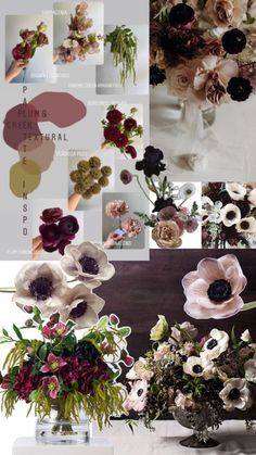 an assortment of flowers in vases on a table with paper and paint swatches