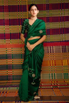 Emerald green haritah embroidered saree with mandala motifs. Comes with blouse.
Component: 2
Pattern: Embroidery
Type Of Work: Mandala
Sleeve Type: Half
Fabric: Maheshwari Silk
Color: Emerald Green
Other Details: 
Zari embroidery
Tassel detailing
Occasion: Wedding - Aza Fashions Green Blouse Designs, Green Sari, Green Mandala, Mehendi Outfits, Simple Saree Designs, Daisy Wallpaper, Simple Sarees, Silk Saree Blouse Designs, Blouse Designs Silk