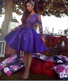 Luxury A-Line Princess Evening Dress Crystal Decal Satin Long Sleeve Ball Gown Decal Rhinestone Purple Prom Dress Short, Prom Dresses Short Blue, Royal Blue Homecoming Dresses, Prom Dress Short Lace, Long Sleeve Homecoming Dress, Long Sleeve Homecoming Dresses, Cheap Gowns, Purple Prom, Royal Blue Prom Dresses