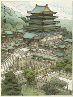 an illustration of a chinese building surrounded by trees